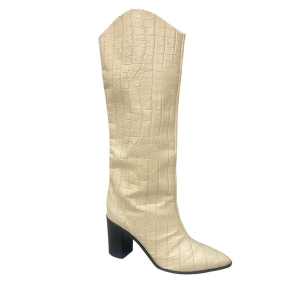 Schutz Womens 7B Analeah Knee-High Boots Croc Embossed Leather Egg Shell Western - Picture 2 of 10
